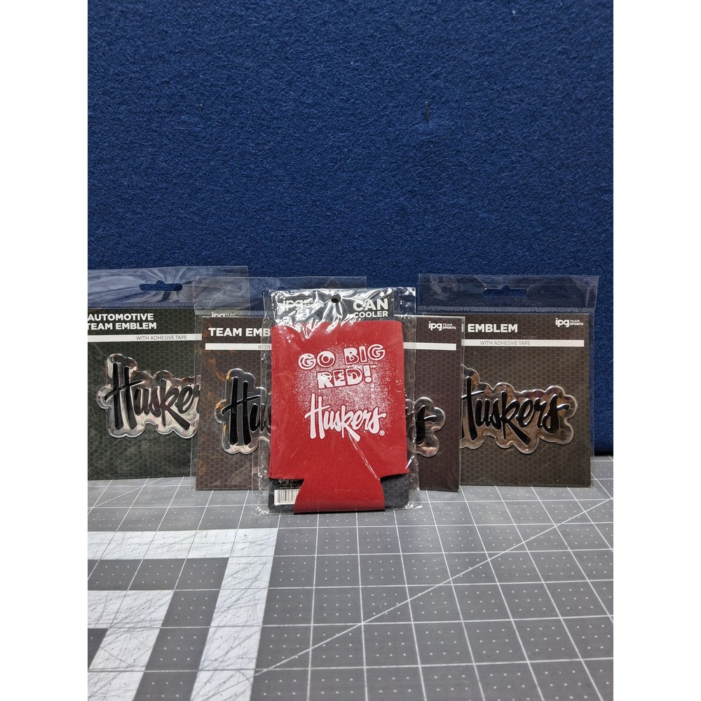 IPG Team Sports Nebraska Huskers 4 Emblems and 1 Can Cooler Red Chrome Bundle